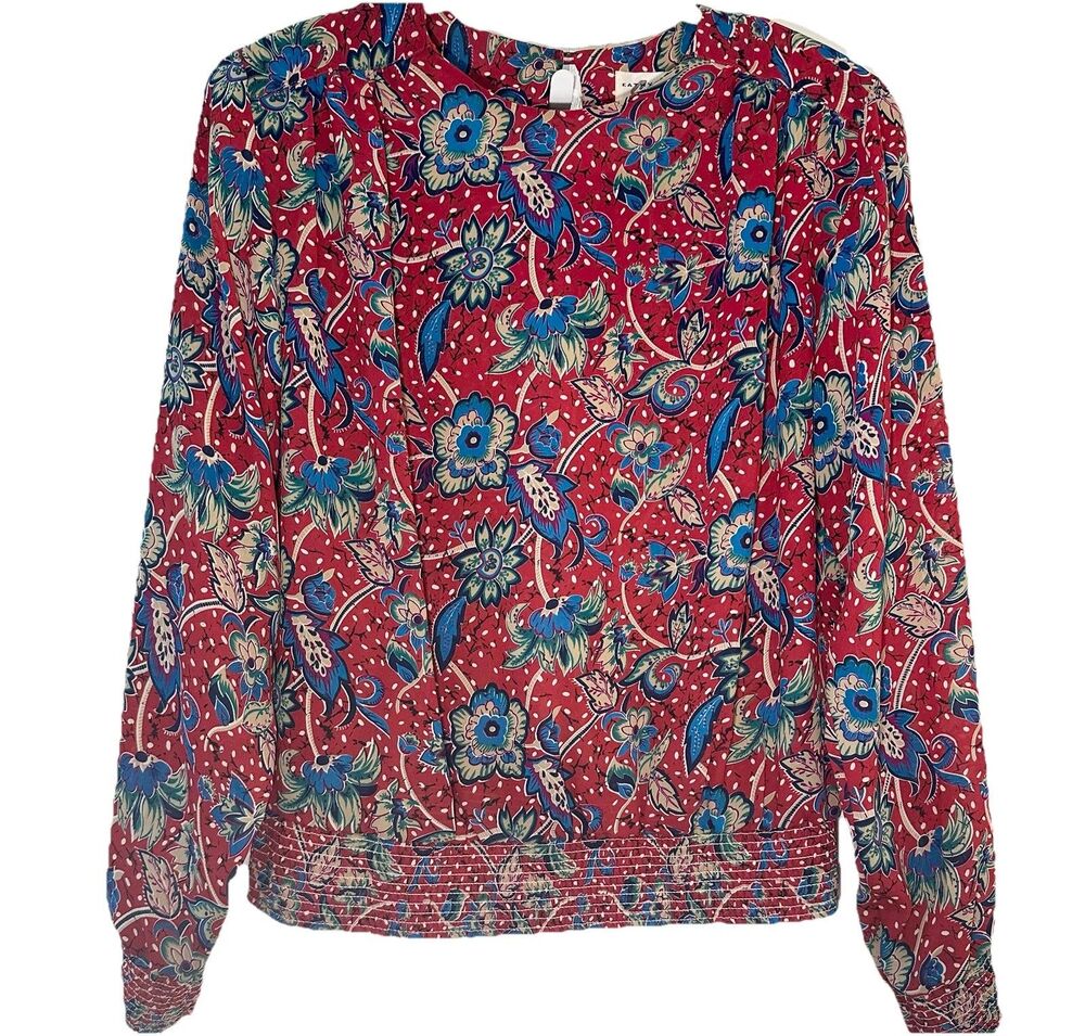 Vintage 80s Shapely Floral Blouse Red Smocked Waist Size Medium Shoulder Pads